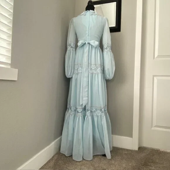 VINTAGE 70s Gunne Sax Blue Lace Long Maxi Prairie Boho Dress Sz XS - Picture 4 of 15